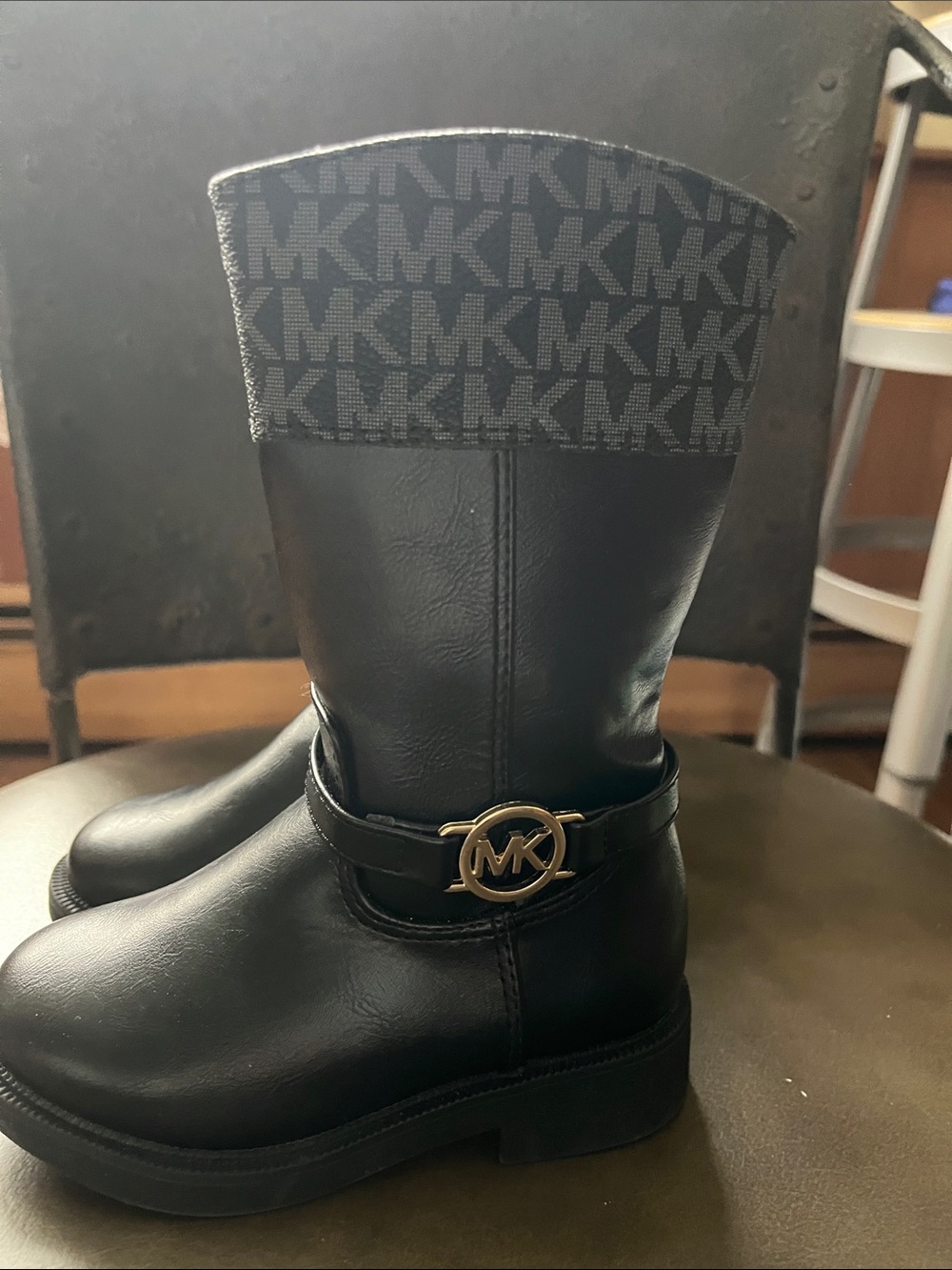 Girls Michael Kors Black Boots with Gold MK Emblem and Monogram Cuff